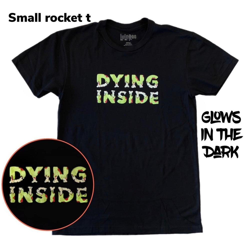 SMALL LuLaRoe ROCKER T Halloween DYING INSIDE Cotton Fits 6/8 Glows